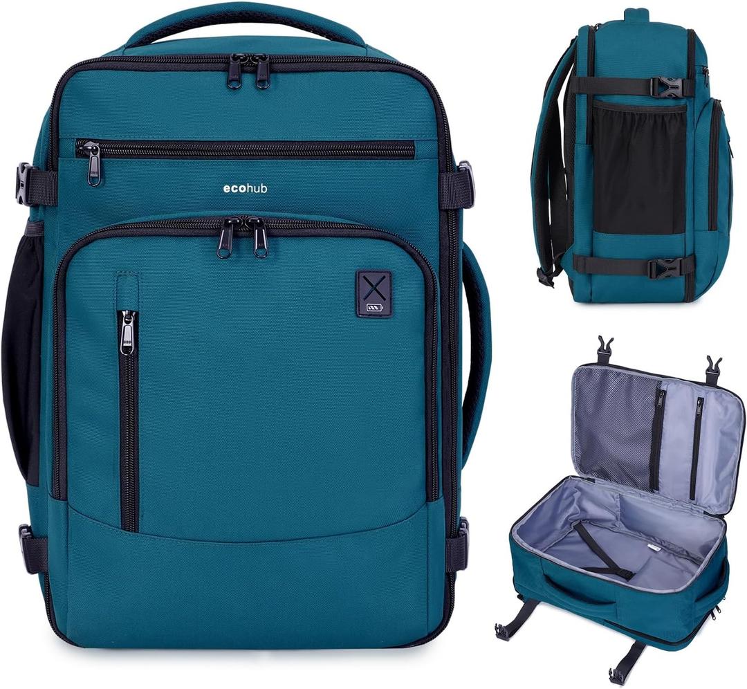 ECOHUB 17" Small Travel Backpack, United Airlines Personal Item Bag 17x10x9 with 16 Pockets, Water Resistant Rucksacks Fit 15.6" Laptop, AirTag Pocket, Lightweight Casual Daypack, 25L, Blue Green (17 inch underseat)