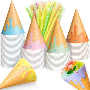 Boao 100 Pieces Snow Cone Cups 4.5 OZ Leakproof Matching 100 Pieces Spoon Straws for Snow Cone Syrups Slush Shaved Ice Cream Sorbet Water(Multicolor,Cute)