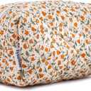 LYSANDE Puffy Quilted Makeup Bag, Toiletry Tote, Cosmetics Pouch, Quilted Floral Tote, Cosmetic Bag with Orange Flowers
