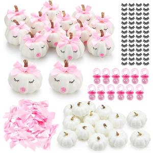 Nuanchu 12 Sets Baby Shower Favors DIY Pumpkin Painting Kit for Baby Shower Game 12 Foam Craft Pumpkins, 12 Pink Bows 12 Pink Pacifiers 28 Pairs of Eyelash Sticker for Birthday Table Decor