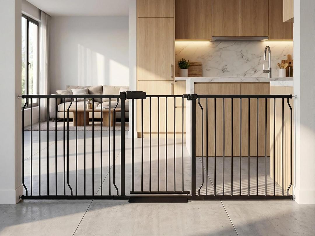 Heavy Duty Baby & Dog Safety Gate, Extra Wide 85.8-90.5 Inch,Black Metal, Pressure Mounted No Drilling Pet Gate for Large Openings