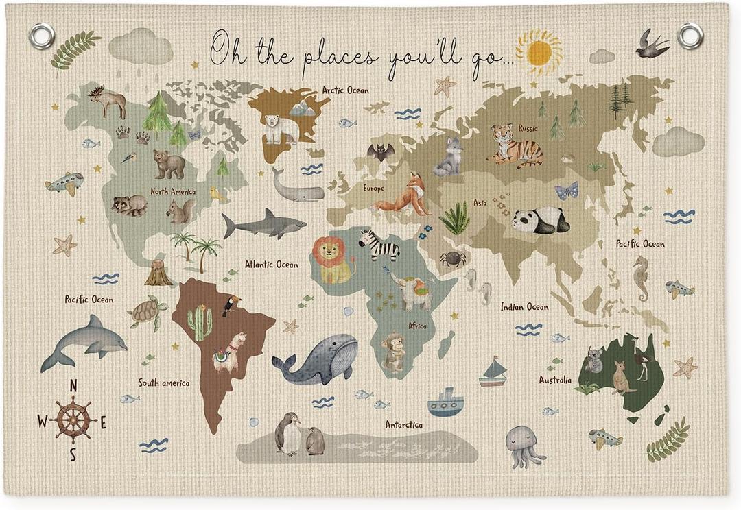 Wheatwin Playroom Decor, World Map Banner for Kids, World Maps for Wall, World Map Cute Animal Tapestry Wall Hanging Banner Flag Decor for Kids Room Classroom Nursery Homeschool 20x30 (Updated)