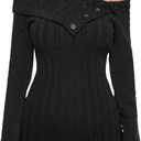 MakeMeChic Women's Off The Shoulder Sweater Foldover Button Rib Knit Long Sleeve Pullover Tops (Large, Black)