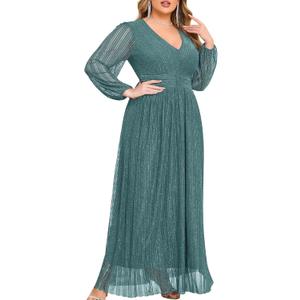 ZOMVA Plus Size Maxi Formal Dress Sparkly V-Neck A-line Ruffle Sleeves Evening Gown Cocktail Prom Lace 2X