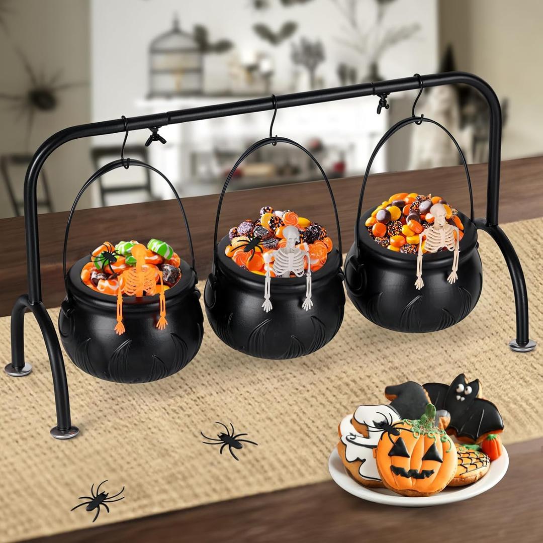 Halloween Decorations - Set of 3 Witches Cauldron Candy Serving Bowls on Rack, Black Plastic Cauldron with Skeletons for Indoor/Outdoor Home/Kitchen Decoration