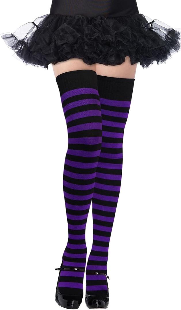 Moon Wood Womens Thigh High Socks Striped Knee High Socks Extra Long Cotton Knit Over the Knee Socks for Halloween (S)