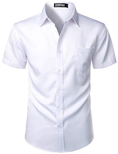ZEROYAA Men's Casual Urban Stylish Slim Fit Short Sleeve Button Up Dress Shirt with Pocket ZLSC15 White, Small