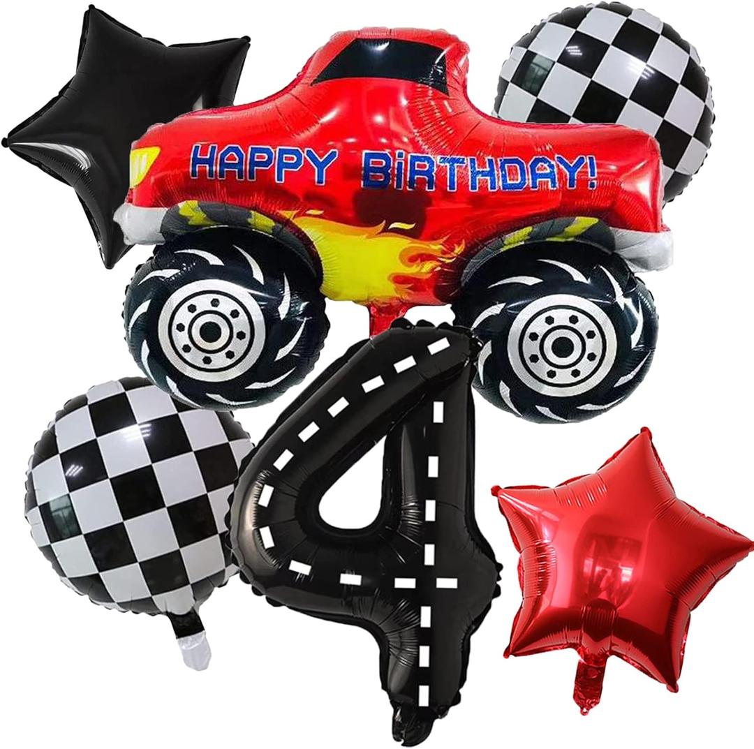 Race Car Foil Balloons Party Supplies Monster Truck Balloon Decorations Number 4 Balloons 40" for Boys 4th Birthday Baby Shower Car Theme Party Decorations (Monster Truck 4th Birthday)
