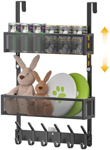 LUCYCAZ Adjustable Over The Door Hooks Organizer, Over The Door Towel Rack with 10 Coat Hooks & 2 Mesh Basket, Multi-Purpose Storage for Bathroom, Bedroom, Kitchen (Black)