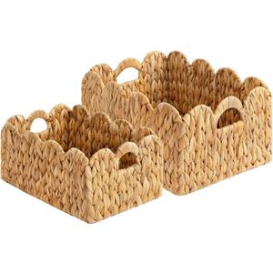 LUSYDECO Set of 2 Scalloped Edge Wicker Storage Basket with Built-in Handles, Rectangle Water Hyacinth Basket for Organizing, Decorative Woven Rattan Basket for Shelf, Nursery Room