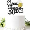 Cheers & Beers to 50 Years Cake Topper Happy 50th Birthday Cake Topper 50th Anniversary Party Supplies Black Glittery