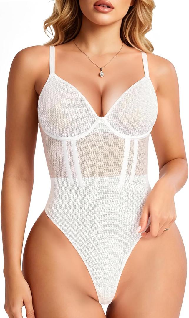 Nebility Shapewear Bodysuits for Women Tummy Control Slimming V Neck Shapewear Bodysuit Thong Body shaper with Underwire (White, Large)