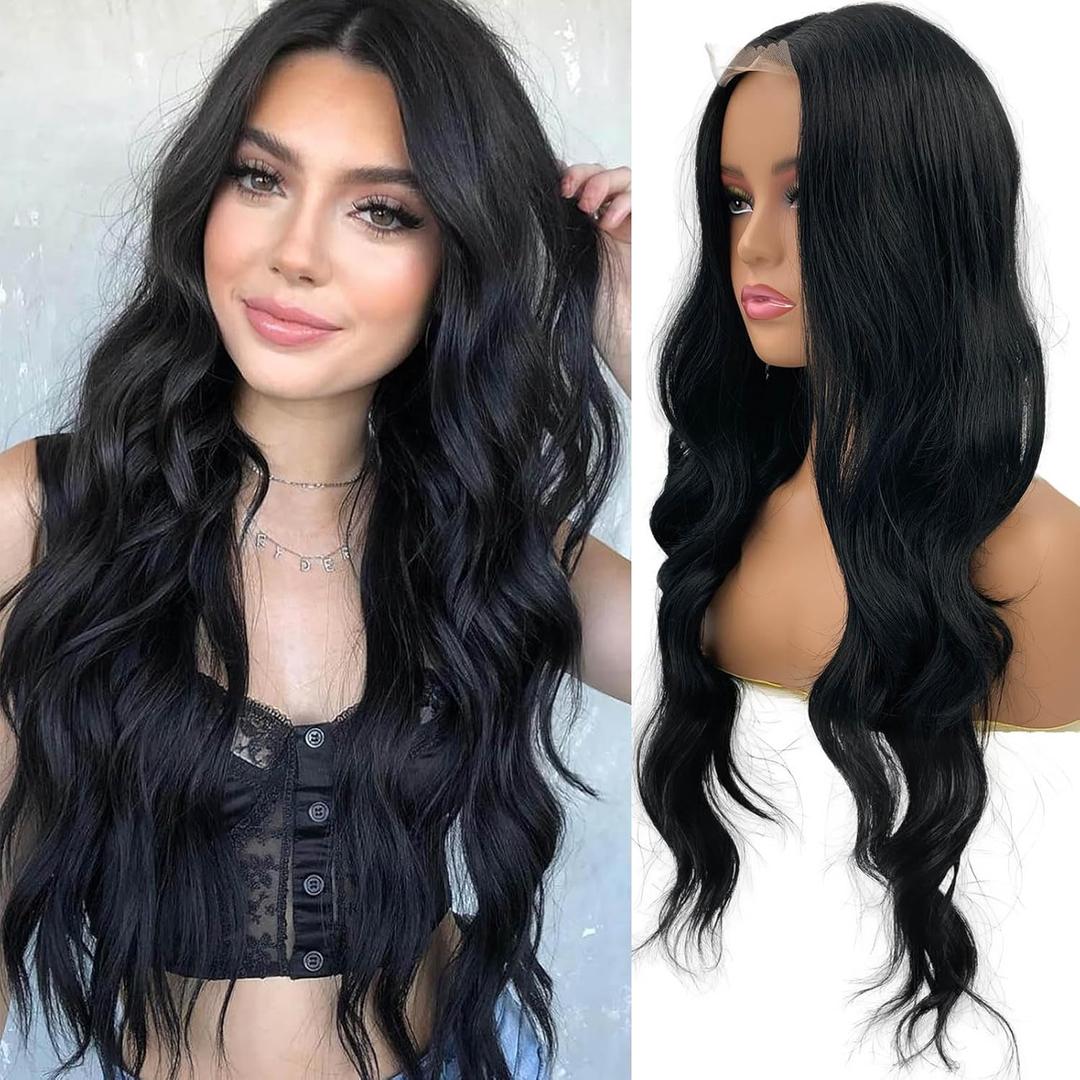 Long Wavy Black Wigs for Women Lace Hairline Middle Part Curly Wigs Natural Looking Synthetic Heat Resistant Fiber Daily Party Use 26"