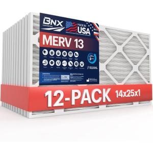 BNX 14x25x1 MERV 13 Air Filter 12 Pack - MADE IN USA - Electrostatic Pleated Air Conditioner HVAC AC Furnace Filters - Removes Pollen, Mold, Bacteria