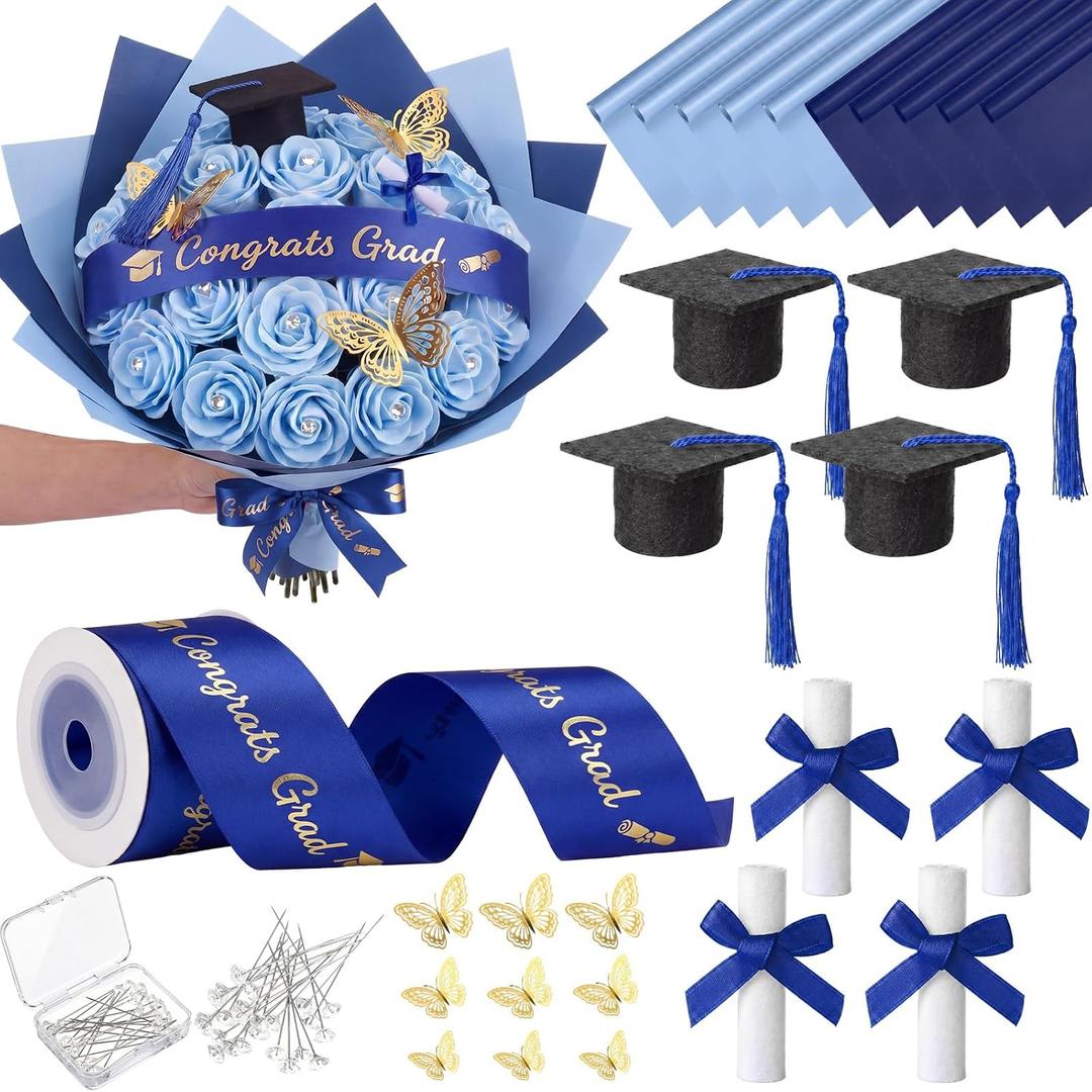 Gilprop 56 Pcs Graduation Flower Bouquet Floral Wrapping Paper Ribbon Butterfly Gem Pins Certificate Scroll Mini Grad Cap for Graduation Party Flower Money Bouquet(Congrats Grad,Royal Blue, Gold)