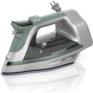 Hamilton Beach Steam Iron & Vertical Steamer for Clothes with ScratchResistant Durathon Soleplate, Digital Fabric Selector + 8’ Retractable Cord, 3Way Auto Shutoff, AntiDrip, 1800 Watts, Green