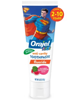 Orajel Kids Super Superman Anti-Cavity Fluoride Toothpaste, Natural Watermelon Flavor, 4.2oz Tube, 4-Pack