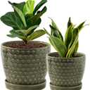 Plant Pots, Flower Pots, Planters for Indoor Plants (6.5 + 5.5inch), Flower Pots for Indoor Plant with Drainage Hole and Saucer, Ceramic Pots for Plants with Hole Mesh Pad, Reactive Glaze Green