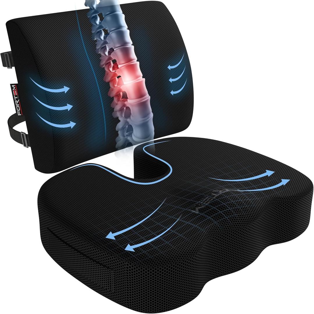 FORTEM Office Chair Cushion and Back Support for Office Chair, Lumbar Support Pillow, Memory Foam, Non Slip Sitting and Back Rest for Gaming, Car Seat Cushion, Chair Pad, XL (Black Mesh)