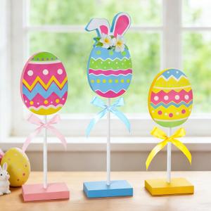 Easter Decorations for Home,3Pcs Egg Shaped Wooden Table Centerpiece Signs with Rabbit EarColorful Easter Egg Tiered Tray Decor for Home Farmhouse Kitchen Decorations