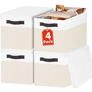 Large Nursery Closet Organizer Bins with Lids 4 Pack - 23 QT Decorative Storage Baskets for Living Room Bedroom Shelf - Stackable Storage Boxes with Lids Handles for Clothes Sweater Book Towel Purse