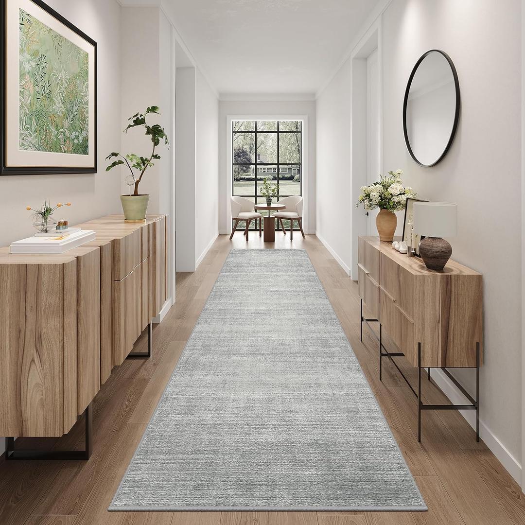 Art&Tuft Non-Slip Runner Rug - 2x12 Runner Rug Washable Low-Pile Rugs Runners, Soft Distressed Carpet Runner for Bedroom Bathroom Kitchen Laundry Living Room, Grey