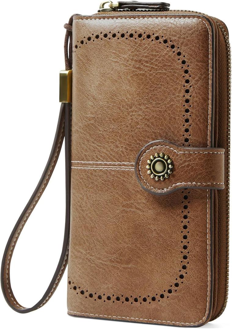 TFKGS Wallet for Women RFID Blocking Leather Large Capacity Card Holder Ladies Phone Clutch Travel Long Purse Wristlet | RFID Blocking, Leather, Large Capacity, Ladies, Travel (1-Brown)