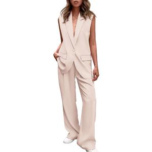 PRETTYGARDEN Women's 2 Piece Outfits Sleeveless Suit Vest and Wide Leg Pants Business Casual Blazer Sets (Small, Beige)