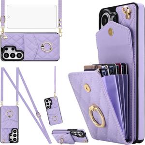 Asuwish Phone Case for Samsung Galaxy S26 Ultra 5G Wallet Cell Cover with Tempered Glass Screen Protector Wrist Strap Ring RFID Blocking Card Holder S26Ultra 26S S 26 26Ultra SM-S948U Women Men Purple
