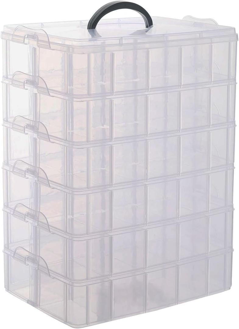 Sooyee 6-Tier Stackable Craft Organizers and Storage Box with 60 Compartments,Plastic for Toys,Dolls, Arts and Craft, Fuse Beads, Washi Tape, Rock Collection, Ribbons,Clear