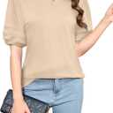 Puff Sleeve Tops for Women V Neck T Shirts Summer Business Casual Tops Loose Fit Dressy Casual Blouses (M)