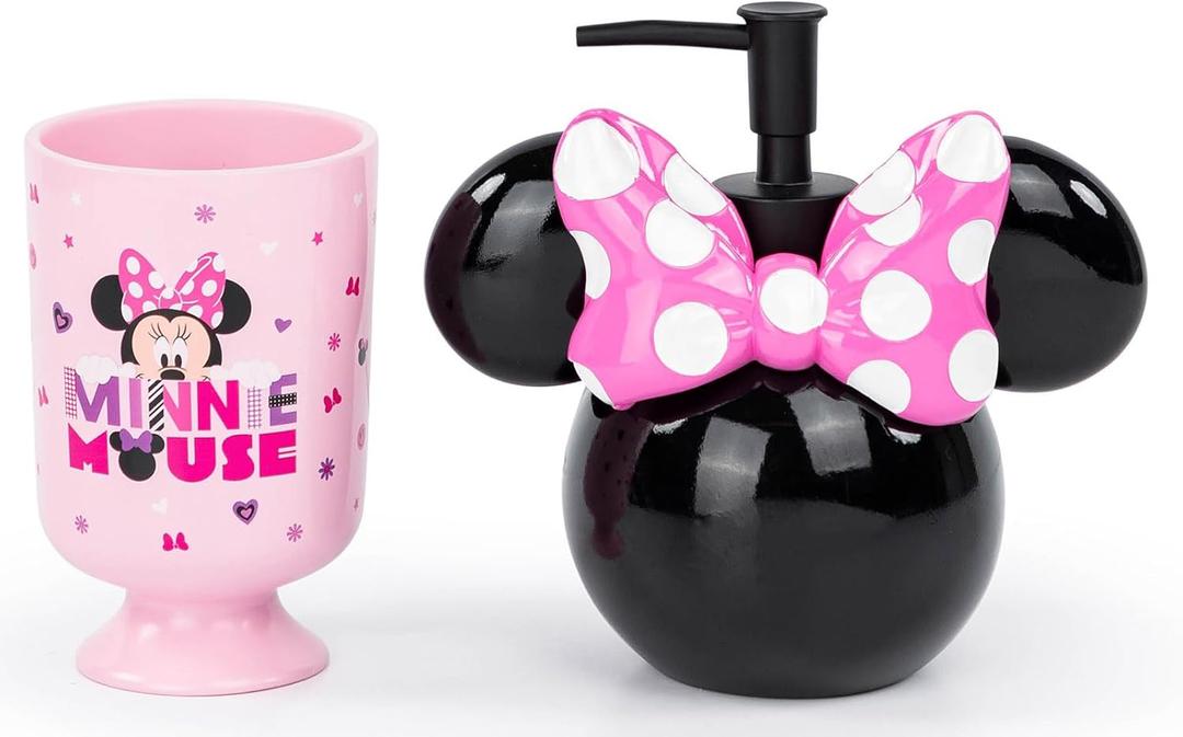 Jay Franco Disney Minnie Mouse 2 Piece Bathroom Set - Pink & Black Soap Dispenser & Tumbler Set - Kids Resin Bathroom Accessories