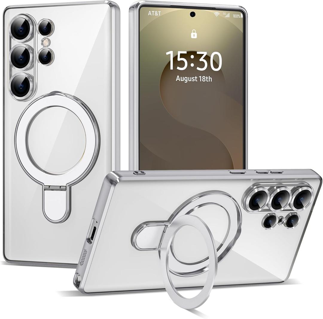 Compatible with Samsung Galaxy S25 Ultra Case with Magnetic Ring Stand [Compatible with Mag-Safe] [Full Camera Lens Protector] Plating Clear Phone Case for S25 Ultra 6.9", Silver