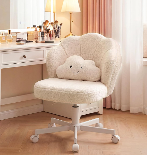 COMHOMA Petal Vanity Chair with Wheels, Cute Desk Chair for Girls Women, Upholstered Home Office Chair with Backrest, Height Adjustable Armless Swivel Chair for Bedroom, Teddy Fleece, Beige