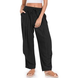 TARSE Women Linen Baggy Harem Pants Summer Drawstring Casual Lounge Pant 2024 Beach Travel Vacation Clothes with Pockets (Large, Black)