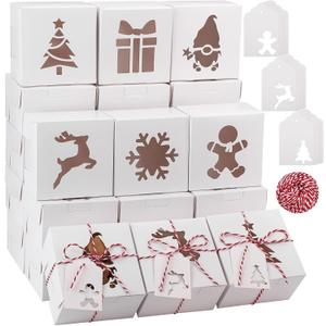 Fovths 24 Pieces Christmas Cookie Boxes 4 x 4 x 2.5 Inches White Bakery Pastry Boxes with Window Pie Gift Boxes Food Treats Container with Tags, Hemp Rope for Candy, Doughnuts, Cupcakes, Gifts