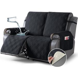 TAOCOCO 100% Waterproof Loveseat Recliner Cover, Non Slip Split Loveseat Covers for Reclining Loveseat with Elastic Straps, Washable Recliner Chair/Furniture Protector for Kids Pets(2 Seater, Black)