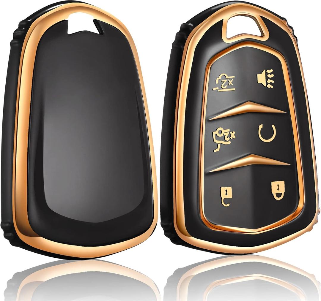 Key Fob Cover Keychain Accessories for Cadillac for Cadi Escalade ESV 6 Buttons, TPU Case(Black)