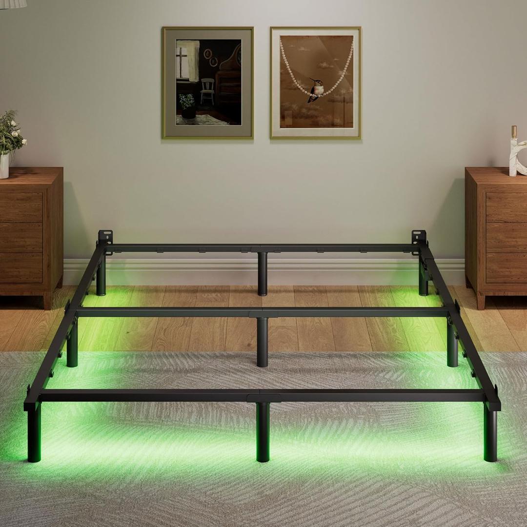 King Size Bed Frame with LED, 7 Inch Metal Steel Bedframe for Box Spring and Mattress, Heavy Duty Basics Bed Base, Noise Free, Easy Assembly, Black, Adjustable