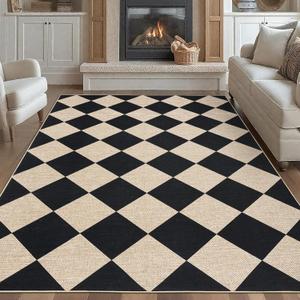 GarveeHome Checkered Easy Jute Area Rug 10x13 Machine Washable Non-Slip Stain Resistant Indoor Outdoor Rugs for Living Room, Bedroom, Kitchen, Dining, Patio Farmhouse Style Black