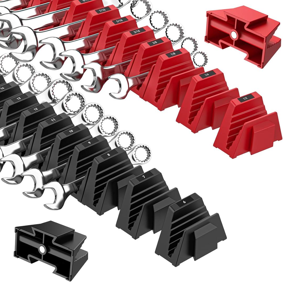 PINOZE 48PCS Magnetic Modular Wrench Organizers for Tool Drawers - Black & Red - Wrench Rack with Metric & SAE Labels, Customizable Magnet Tool Storage Holder for Tool Box Organization