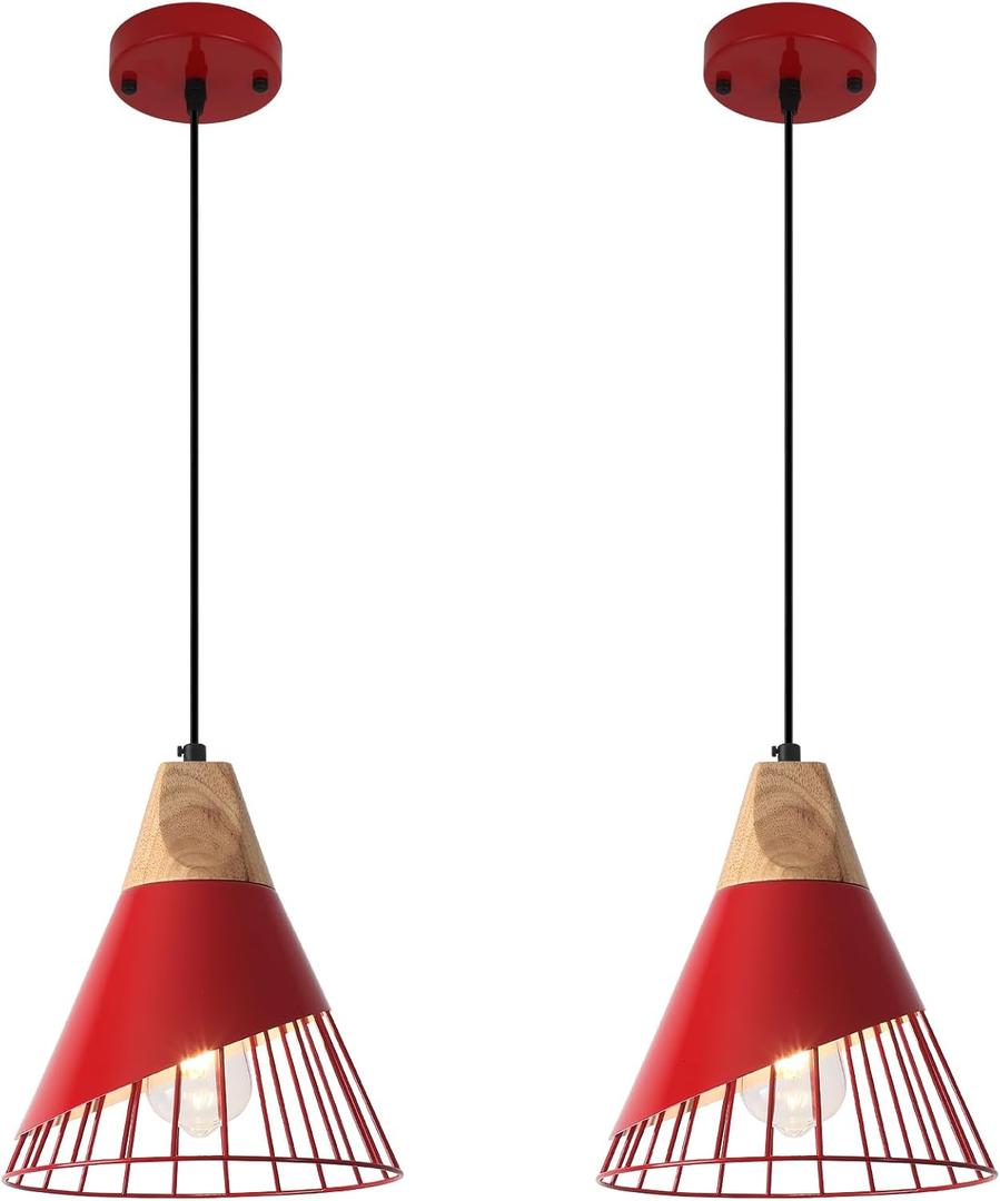 Farmhouse Pendant Light 9.4ines, 2 Packs- Red Industrial Kitchen Pendant Lights for Kitchen Island, Bar, Bedroom, Office, Library