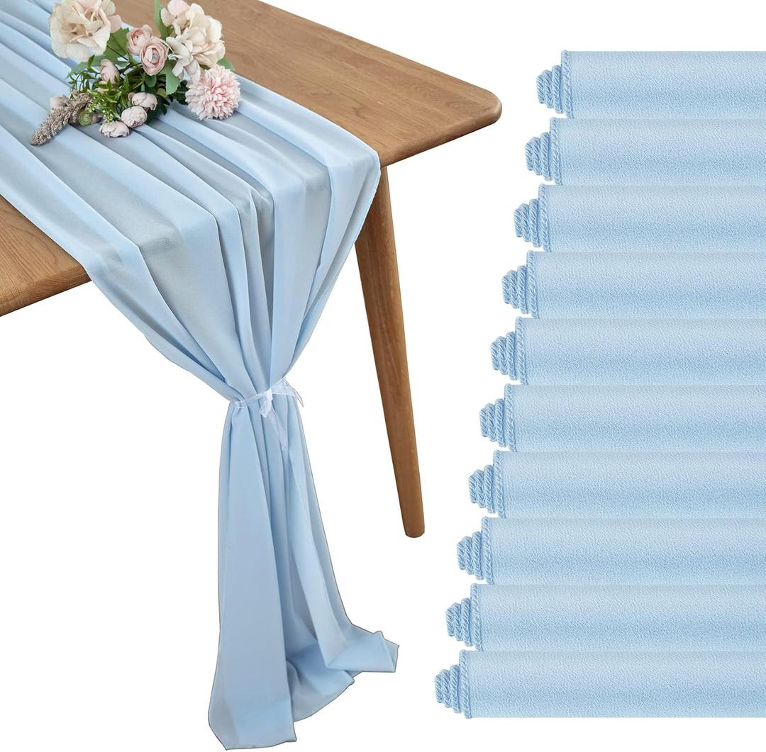 29x120 Inches 10 Pack Baby Blue 10Ft Chiffon Table Runner Sheer Chiffon Table Runner Romantic Boho Rustic Table Runner for Wedding Birthday Party Decor Bridal Baby Shower Table Decoration