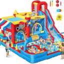 Inflatable Bounce House Water Slide with 550 W Blower, Blow up 10-in-1 Waterslide Park Bouncy Castle Outdoor and Indoor, Bouncer House with Toy Market Stand, Splash Pool and Climbing Wall