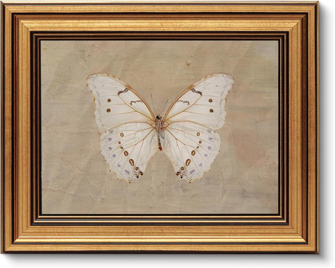 VIYYIEA Vintage Gold Framed Wall Art for Living Room, White Butterfly Canvas Prints Home Decor, Oil Painting Picture, Bedroom Wall Decor Gifts for Friends or Family -Morpho polyphemus-(10L x 8W)
