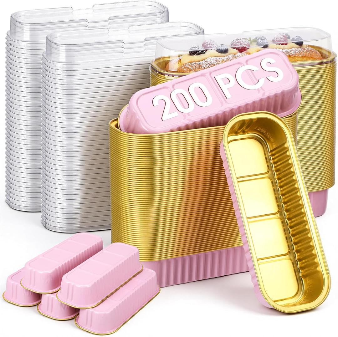 Qunclay 200 Pcs Aluminum Foil Mini Loaf Pans with Lids 6.8 oz Disposable Mini Cake Pan with Lid Rectangle Baking Cups for Party Muffin Cheesecake Ramekins(Pink, Gold)