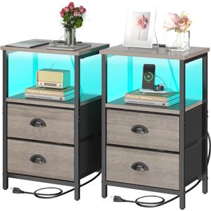 Nightstand with Charging Station, LED Night Stand Set of 2, Bedside Table End Table with Drawer, Bedroom Tables with 2 Fabric Drawers, 3-Tier Storage Side Table for Bedroom,Grey