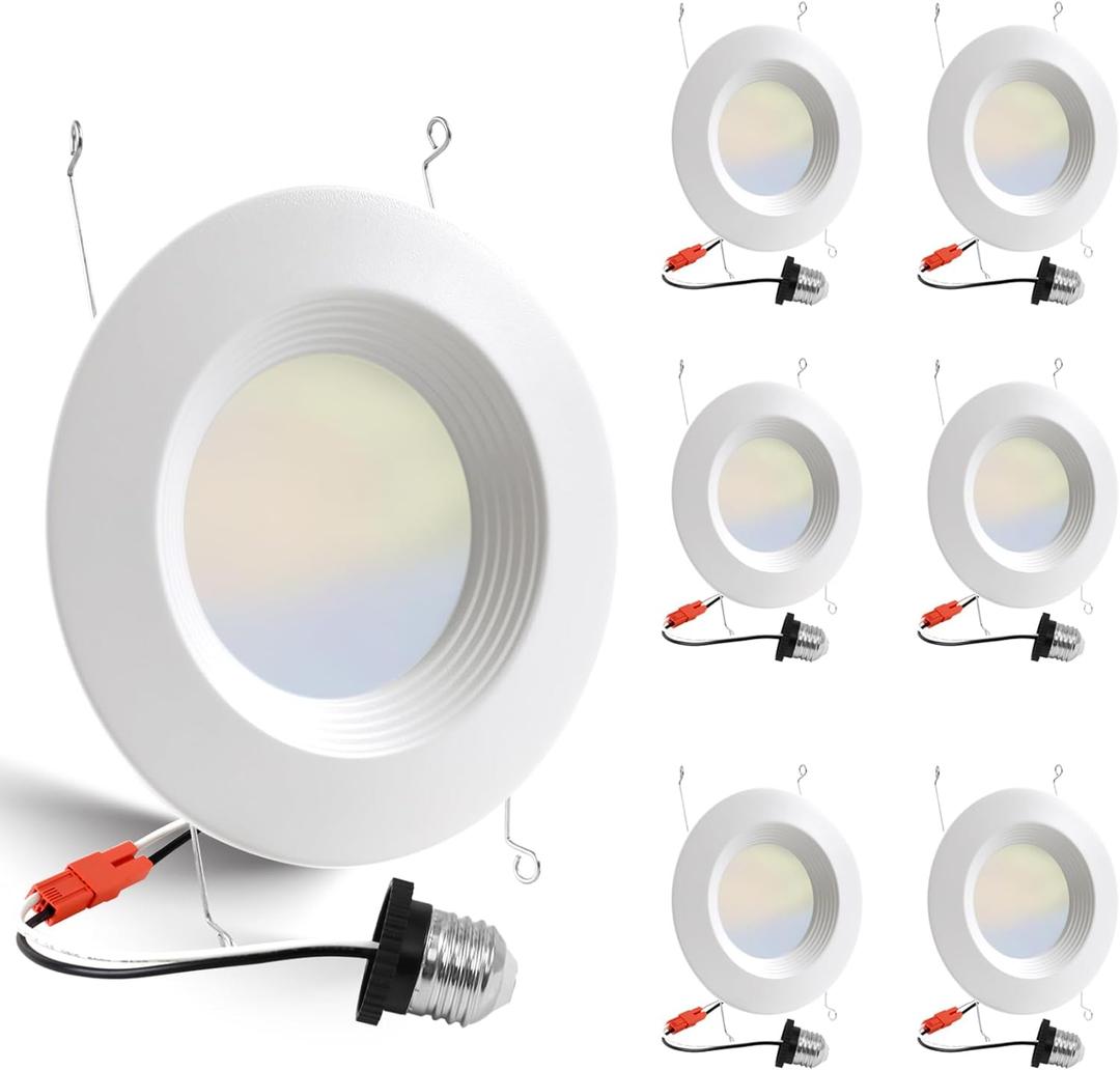 6 Pack 5/6 Inch 5CCT LED Recessed Lighting Retrofit, 2700K/3000K/4000K/5000K/6500K Selectable, Dimmable Can Lights with Baffle Trim, 12W=150W, High Brightness 1000LM, IC& Wet Rated, ETL&FCC Certified