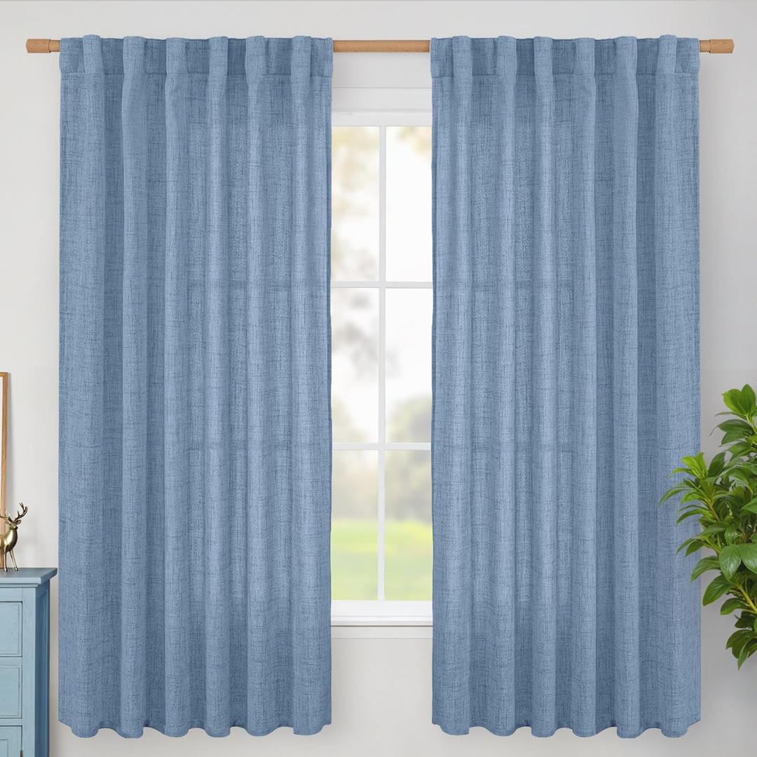 BGment Blue Linen Curtains 63 Inches Long for Living Room Windows, Semi Sheer Drapes Light Filtering with Rod Pocket Back Tab for Bathroom Bedroom, 2 Panels Set, 52 Inch Wide