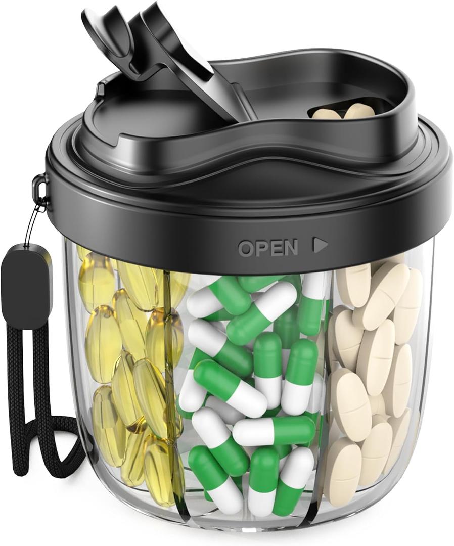 2 x Pill Organizer,Pill Dispenser with 7 Large Compartments,Portable Pill Box for Travel Essentials,Anti-Mix Design & Wide Opening Design,Easy Access to Vitamin Dispenser,Includes 20 Blank Stickers（Black）